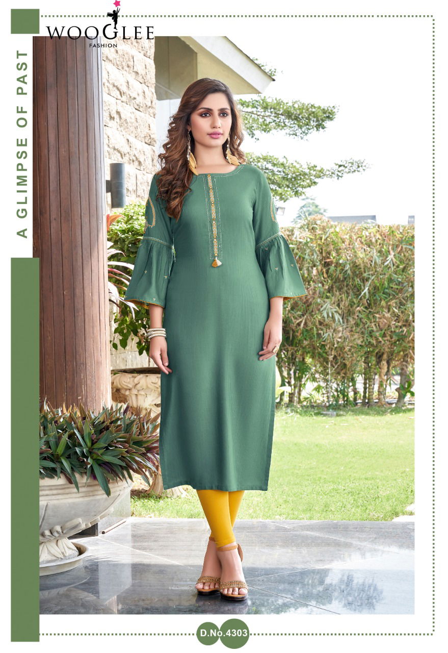 Wooglee Sakshi  Fancy Festive Wear Heavy Rayon Embroidery And  Handwork Designer Rayon Kurtis Collection 